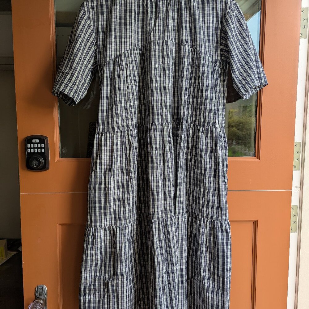 EverlaneTiered Blue Plaid Mock Neck Dress